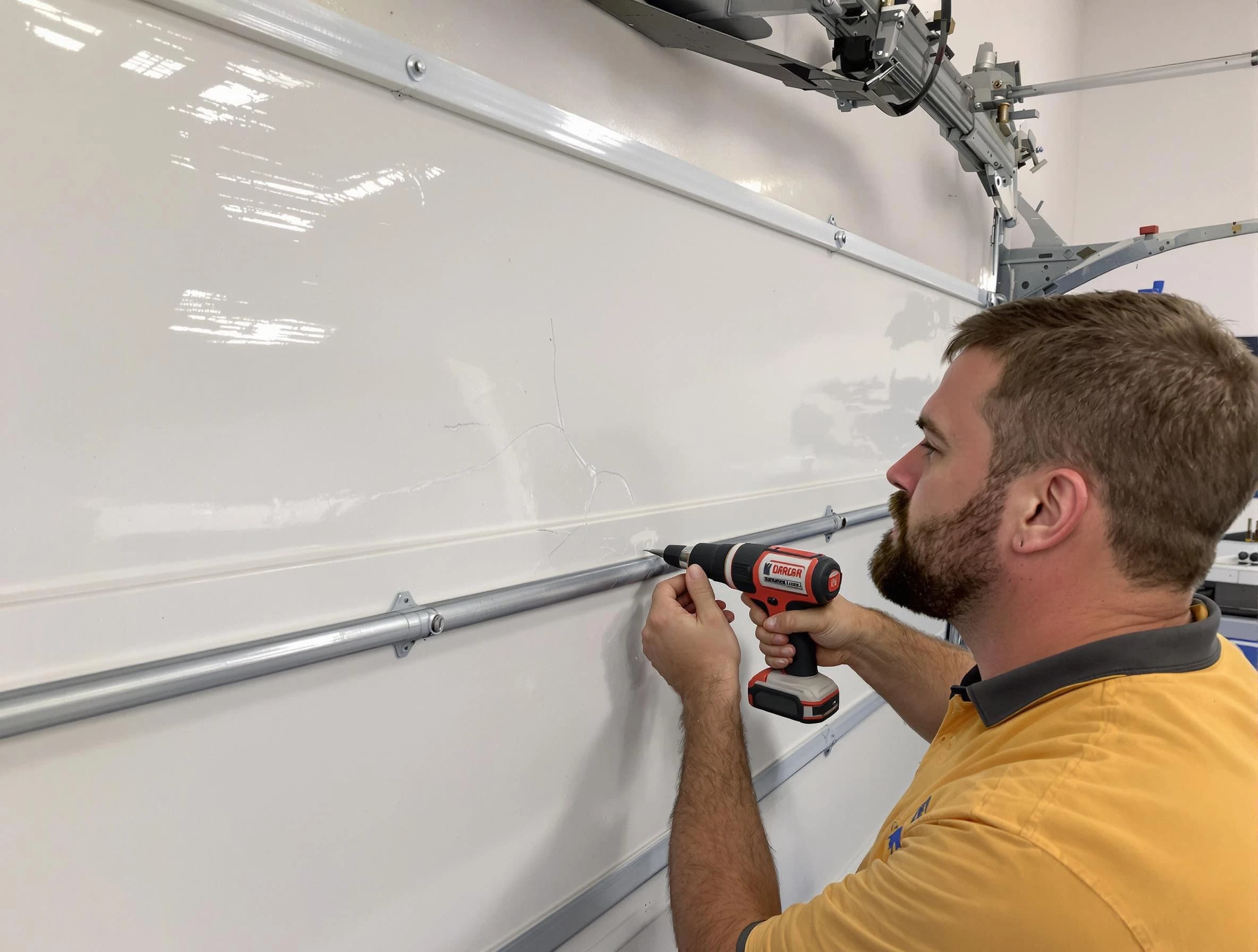 Portland Garage Door Repair expert performing dent repair on garage door in Portland