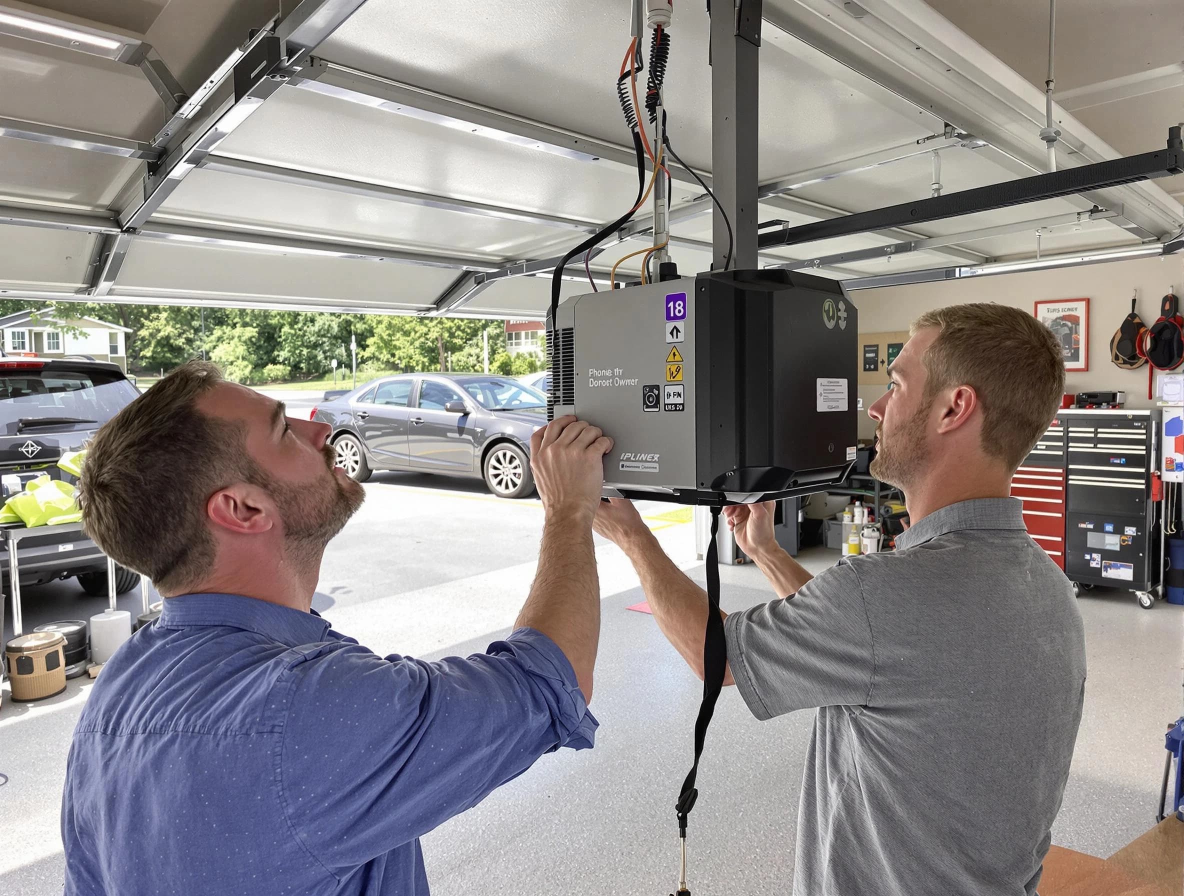 Portland Garage Door Repair technician installing garage door opener in Portland