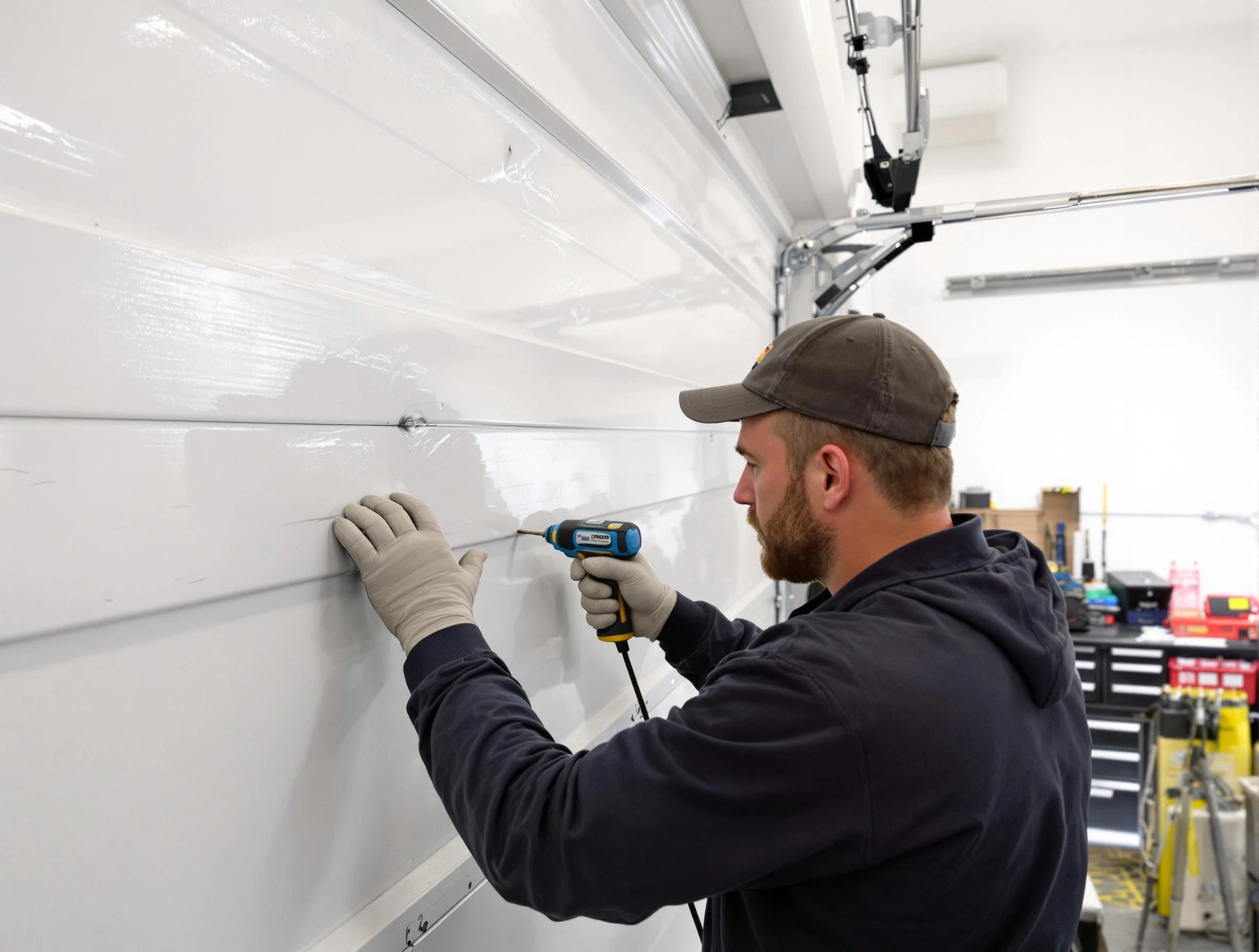 Portland Garage Door Repair technician demonstrating precision dent removal techniques on a Portland garage door