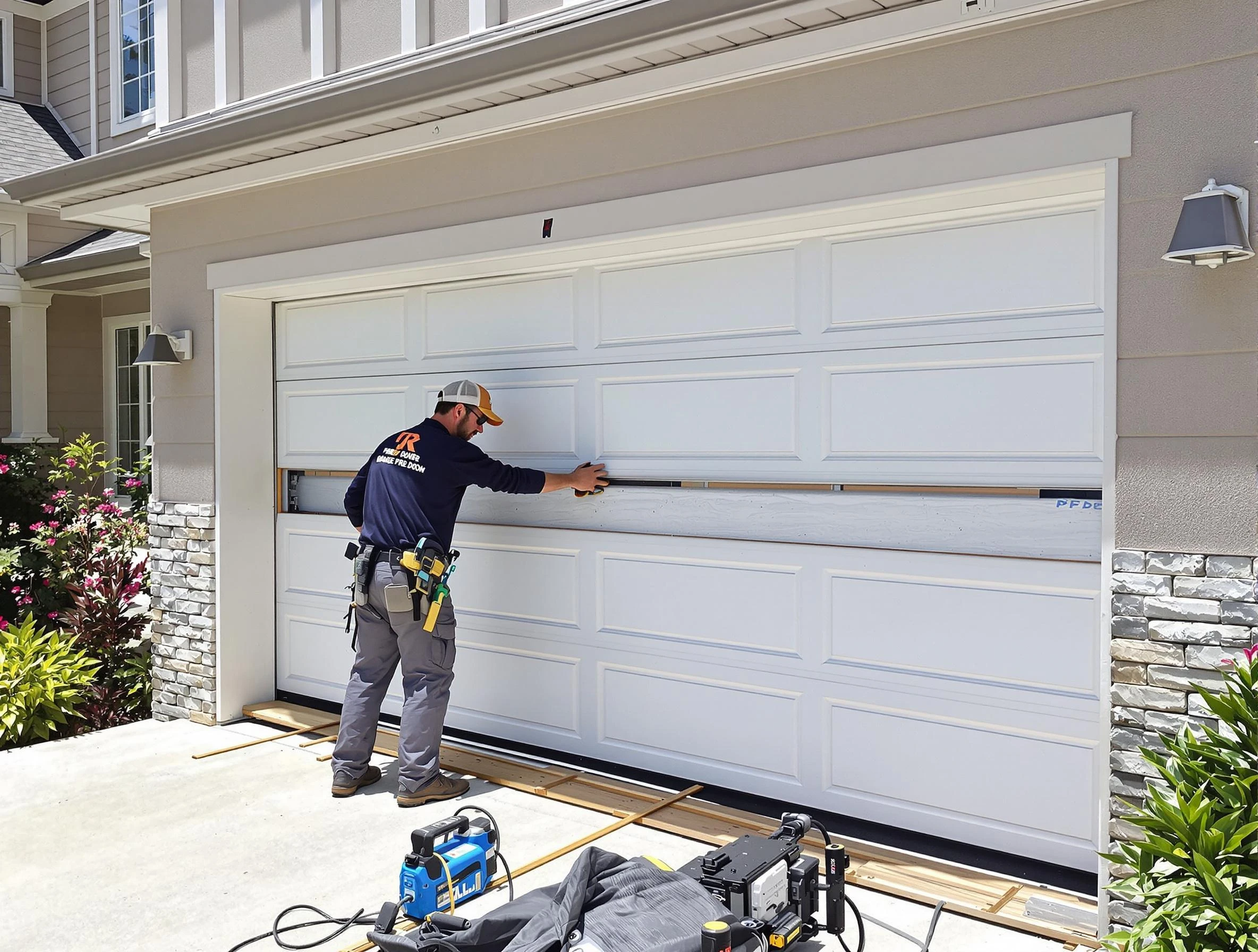 Portland Garage Door Repair team performing complete garage door replacement at Portland residence