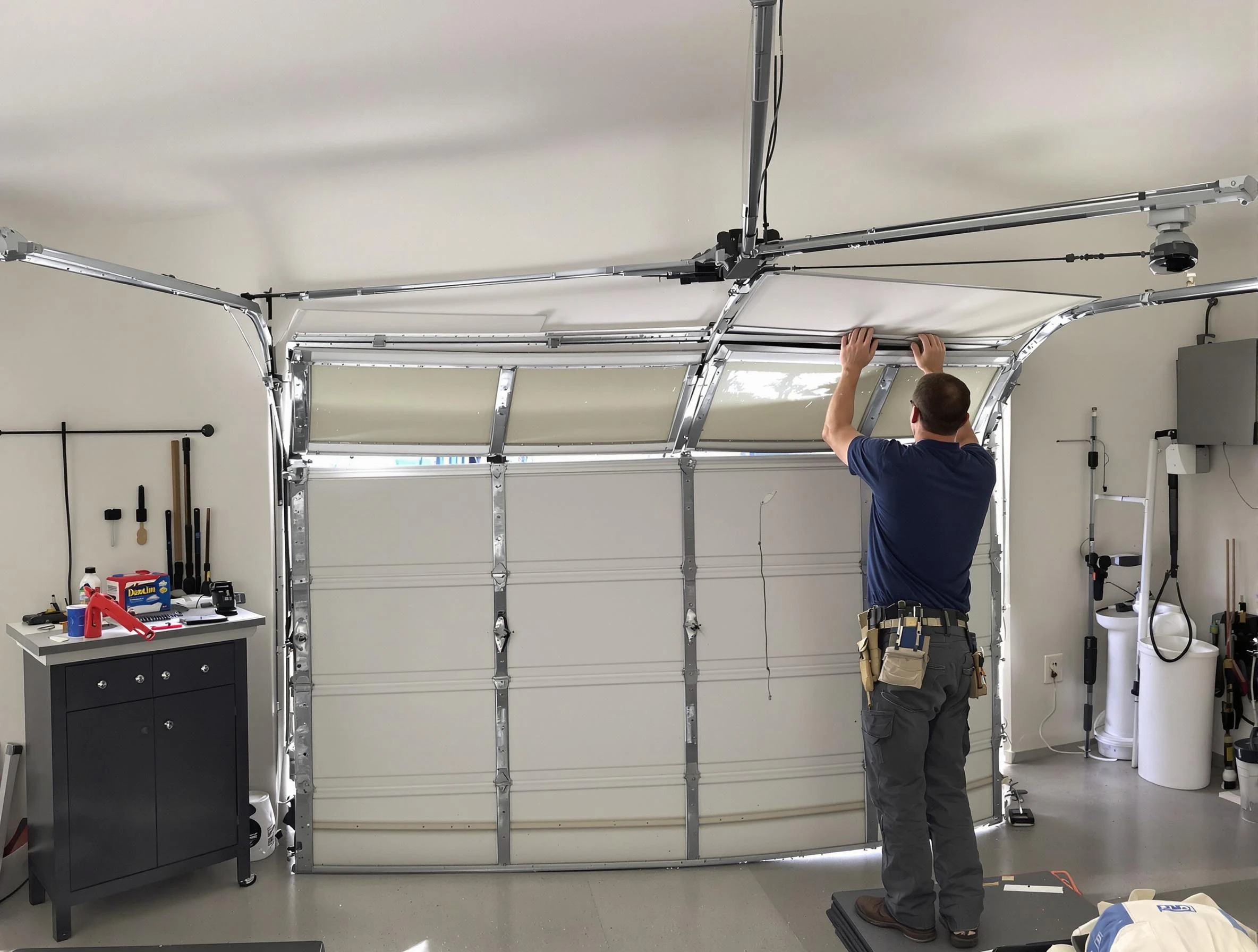Portland Garage Door Repair specialist performing precise section replacement on Portland garage door
